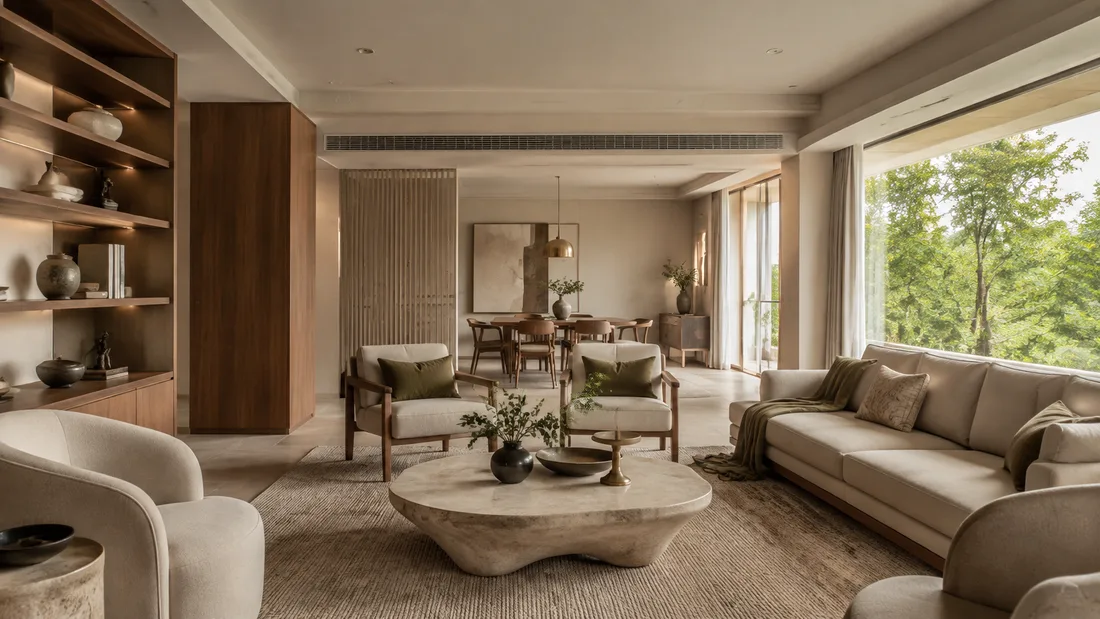 Bright Decotales family living space with ivory seating and warm wood details