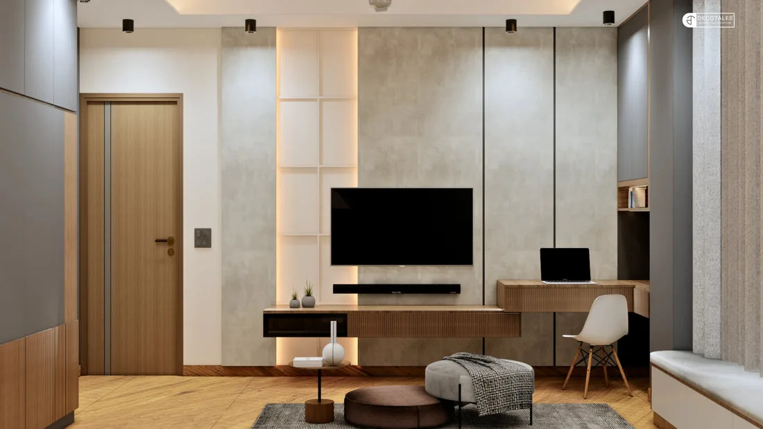 Decotales living-room TV wall with wood panelling and integrated lighting