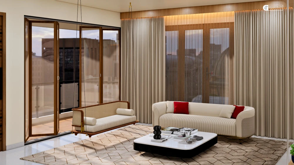 A contemporary Decotales living room with curved ivory sofas, natural light and warm wood finishes